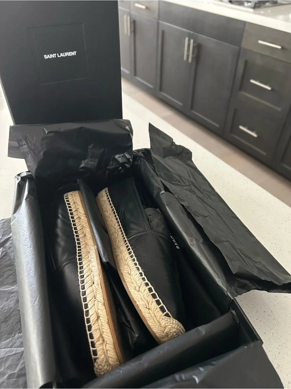 Saint Laurent Black Leather Espadrille Loafers with Jute Trim